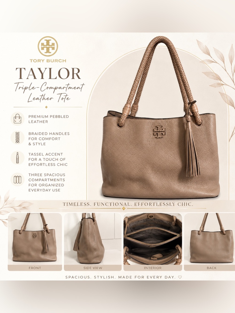 Tory Burch Taylor Triple-Compartment Leather Tote